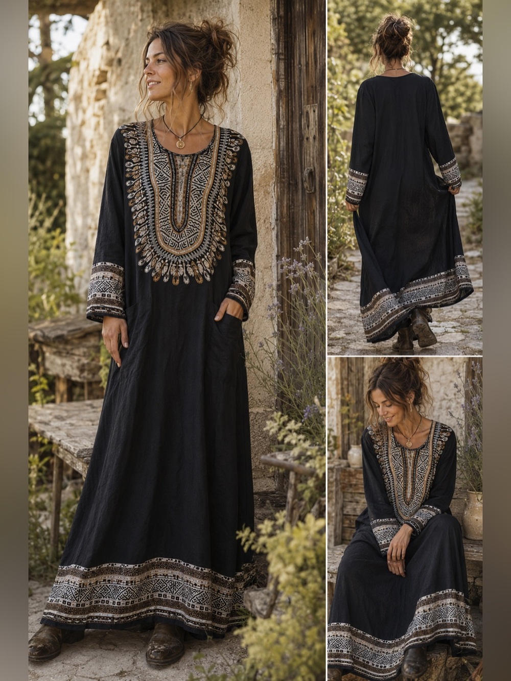 Ashro Boho Tribal Print  Dress Large Rayon Cotton Flax Blend Pockets Afrocentric
